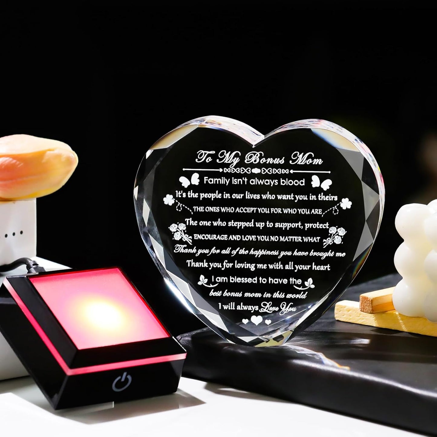 Bonus Mom Gifts with Colorful LED Base Crystal Heart Mothers Day Birthday Gifts for Stepmother Bonus Mom from Bonus Daughter Son Gift for Stepmom Mother in Law on Christmas Valentines
