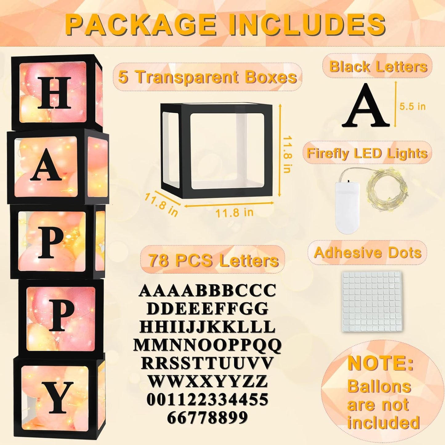 Ledido Transparent Balloon Boxes, Clear Balloon Boxes with 5 Pcs String Lights and 78 Letters for Baby Shower Gender Reveal Grad Birthday Party Anniversary Bridal Wedding Decor - 5 Black Boxes