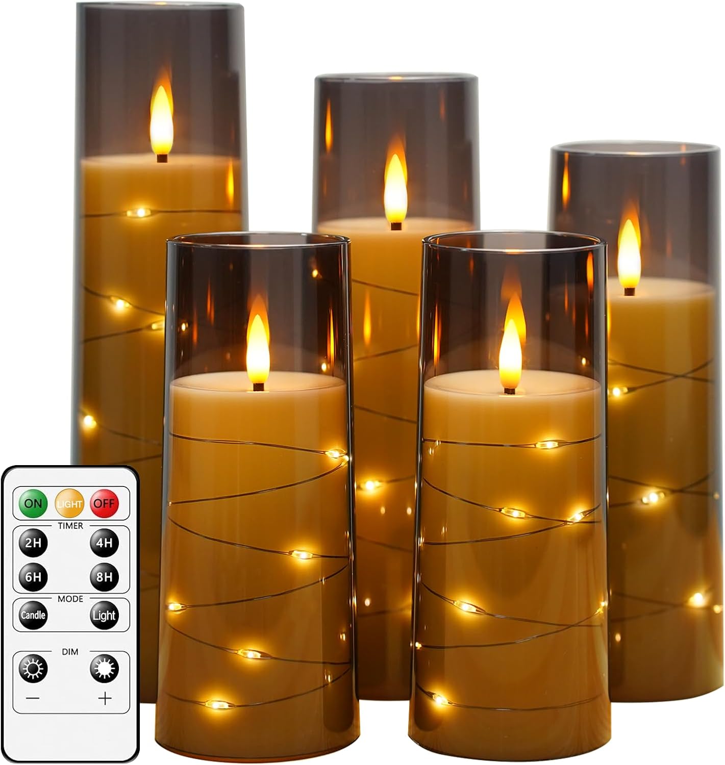Flameless LED Candles with Timer 5 Pc Flickering Flameless Candles for Romantic Ambiance and Home Decoration Stable Acrylic Shell,with Embedded Star String,Battery Operated Candles(Grey)