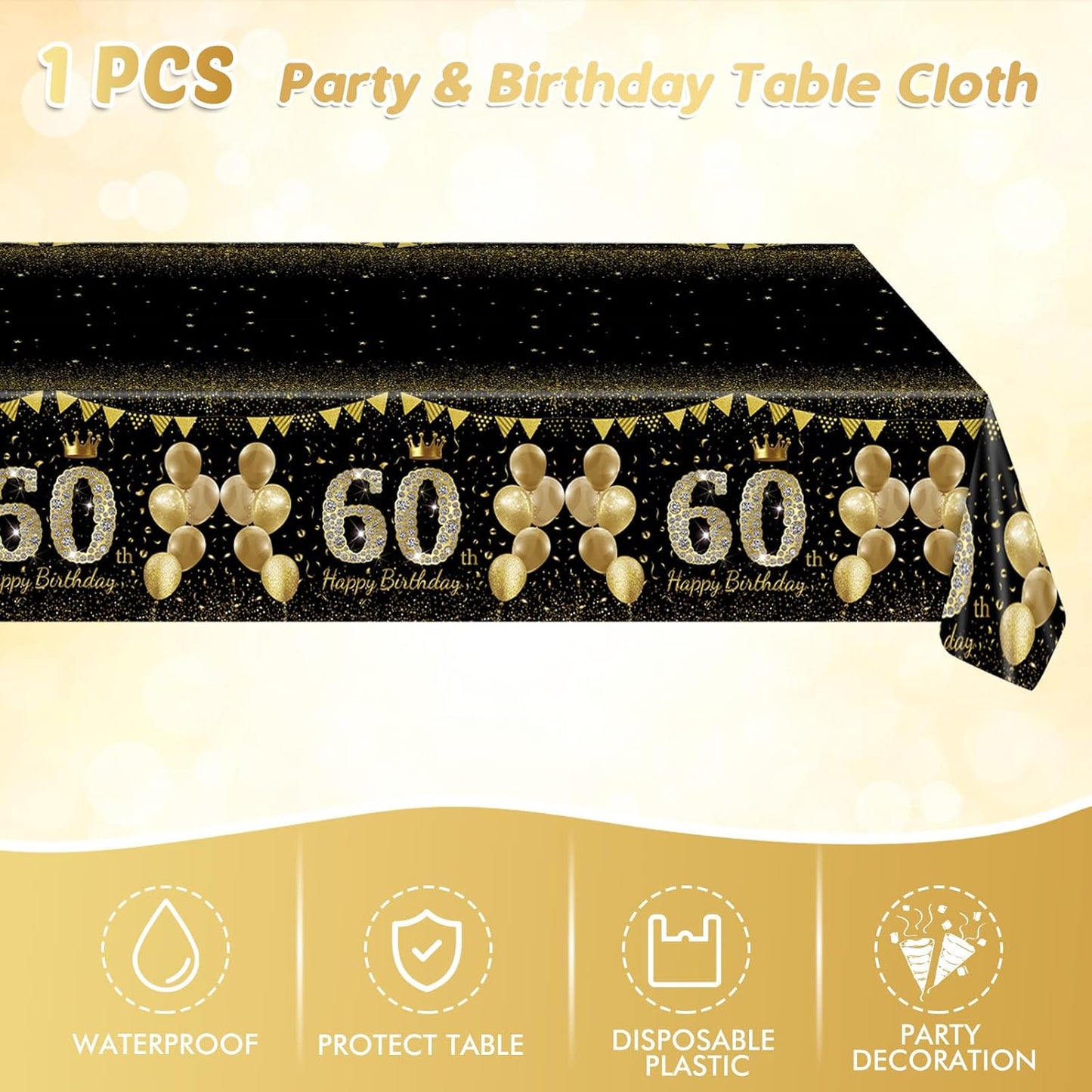 41Pcs 60th Birthday Decorations for Men Women, Black Gold 60 Year Old Birthday Party Supplies Include 20 Plates 20 Napkins and 1 Tablecloth, Black Gold 60 Aged Birth Party Tableware