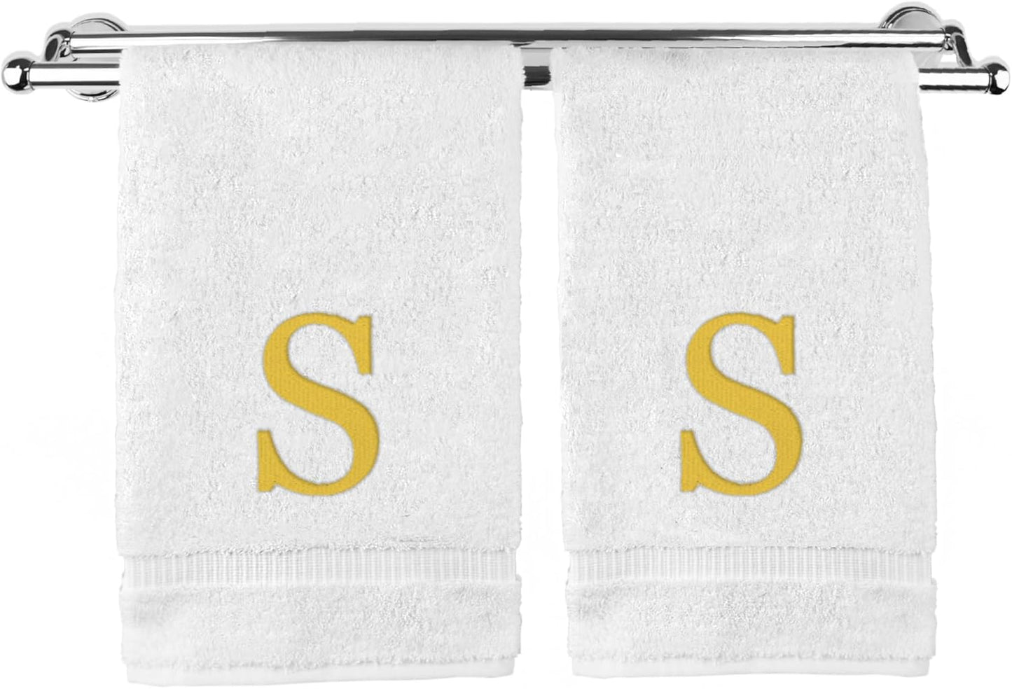 Monogrammed Hand Towel, Personalized Gift, Set of 2- Gold Block Letter Embroidered Towel - Extra Absorbent 100% Turkish Cotton - Soft Terry Finish - Initial S White