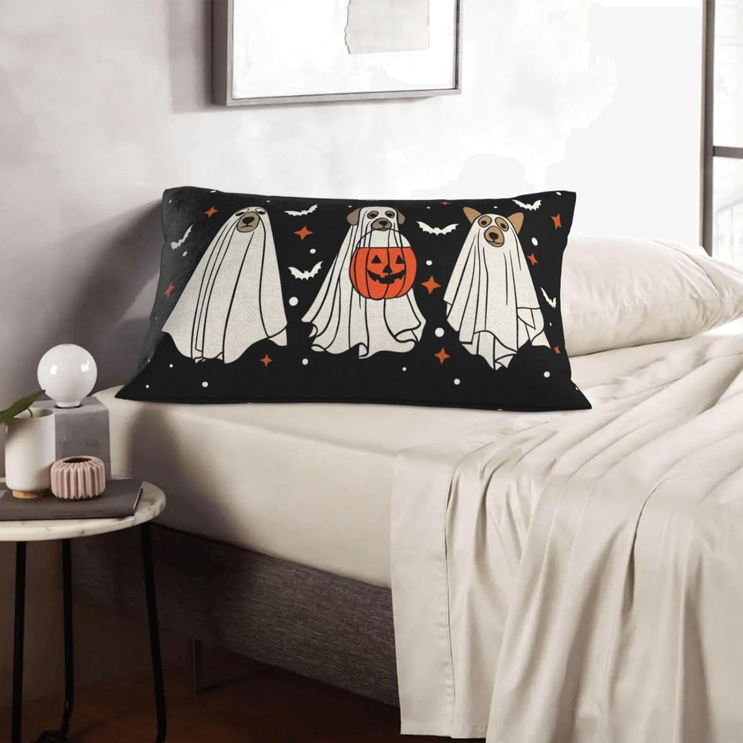 Halloween Pillow Covers 12x20 Pack of 2 Black Beige Dogs Bat Throw Pillow Covers Outdoor Decor,Autumn Holiday Decoration Black Pillowcase Farmhouse Linen Decorative Cushion Case for Couch Sofa