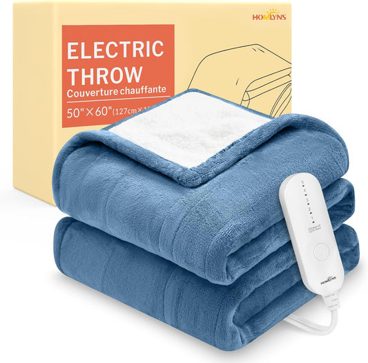 HOMLYNS LuxeHeat Heated Blanket Electric Blanket, Soft Flannel Sherpa Heated Throw, Heating Blanket with 5 Heat Settings, 3 hrs Timer Auto Shut Off (50x60 inches, Blue)