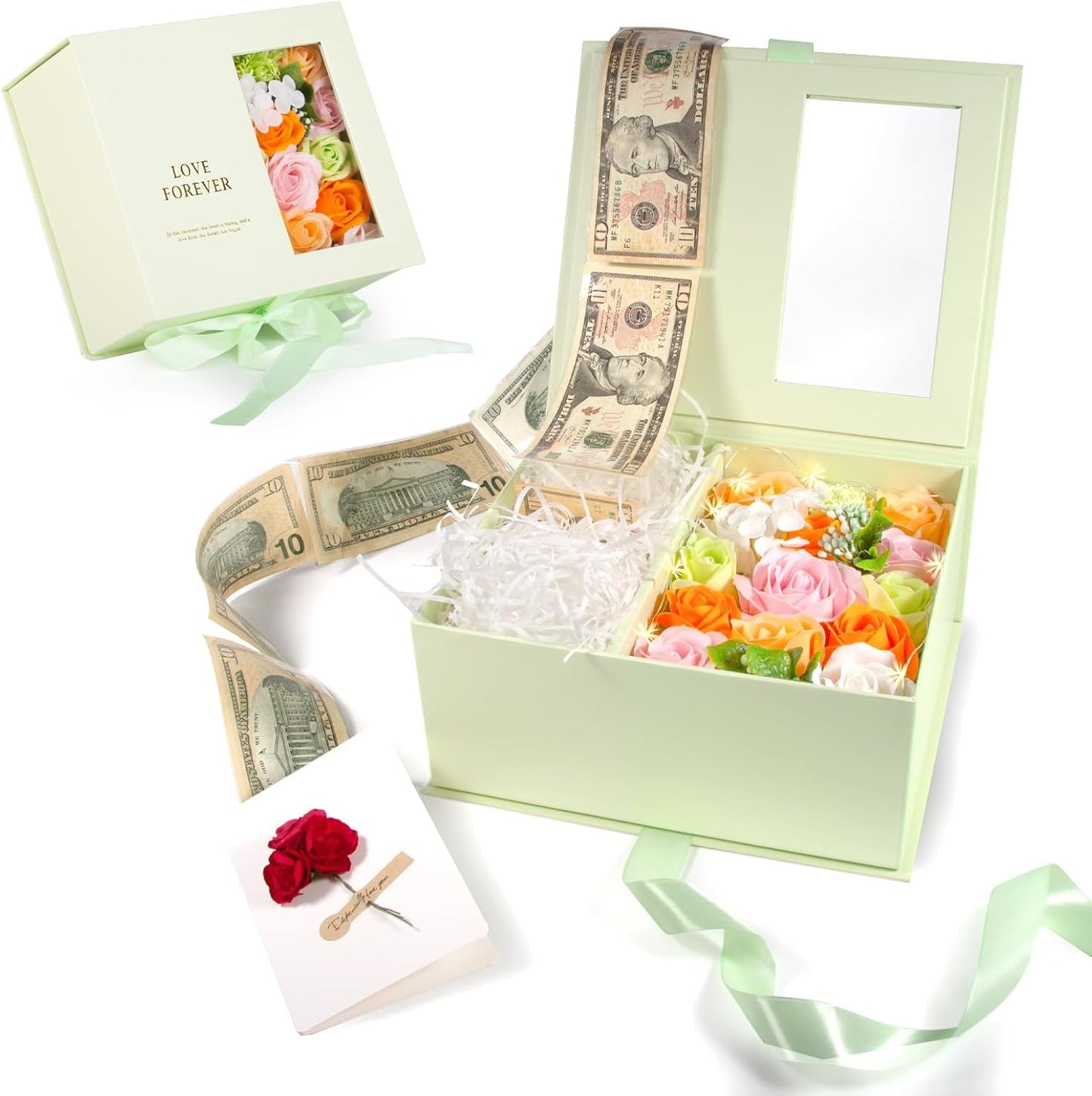 Money Pull Box for Cash Gift - Luxury Money Pull Out Flower Gift Box with Lid Flower and Ribbon, Unique Birthday Gift Box for Wife, Girlfriend, Mother, Friend