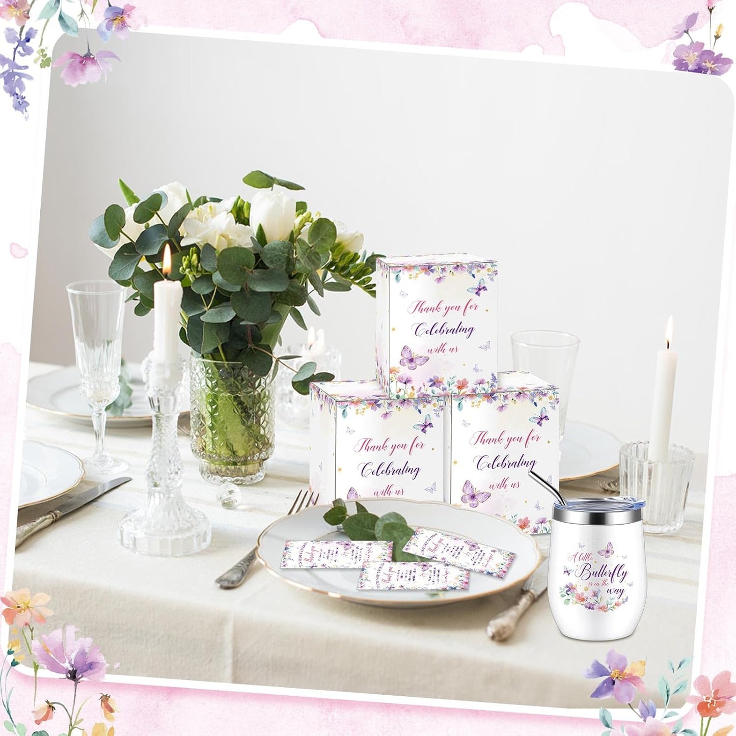 Hoolerry 6 Set Baby Shower Game Prizes for Guests Winners 12 oz Insulated Stainless Steel Tumbler Cup with Lids, Straws, Cleaning Brush, Cards & Boxes Return Gifts(Purple,Butterfly)