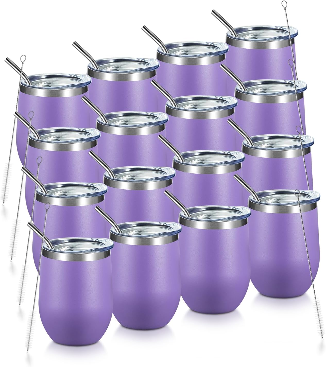 COMOOO Stainless Steel Wine Tumbler Glass Bulk with Lid and Straw 12oz Double Wall Vacuum Insulated Travel Tumbler Cup Stemless for Coffee Wine Cocktails Ice Cream Cup,Purple, 16 pack