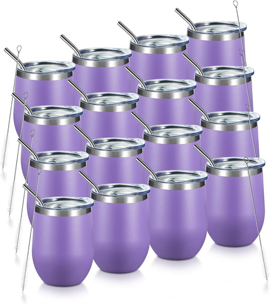 COMOOO Stainless Steel Wine Tumbler Glass Bulk with Lid and Straw 12oz Double Wall Vacuum Insulated Travel Tumbler Cup Stemless for Coffee Wine Cocktails Ice Cream Cup,Purple, 16 pack