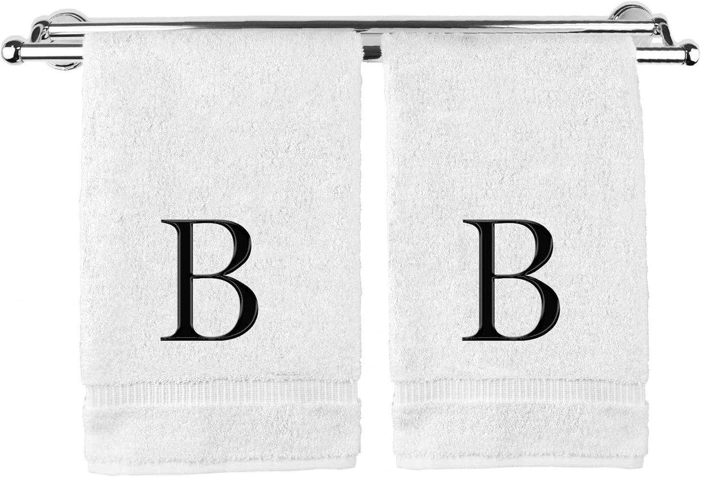 Monogrammed Hand Towel, Personalized Gift, Set of 2- Black Block Letter Embroidered Towel - Extra Absorbent 100% Turkish Cotton - Soft Terry Finish - Initial B White