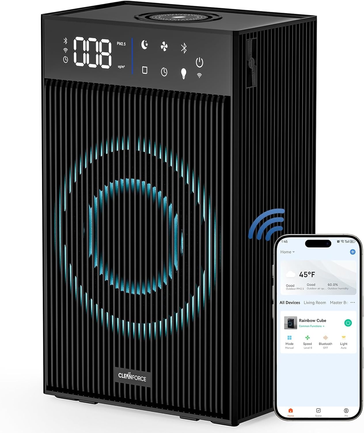 CleanForce Rainbow Cube | World’s First 4-in-1 Space-saving Air Purifier with Bluetooth Speaker, Wireless Charger & Aroma Diffuser | Swiss Tech,over 900ft² Coverage | Ultra-Quiet