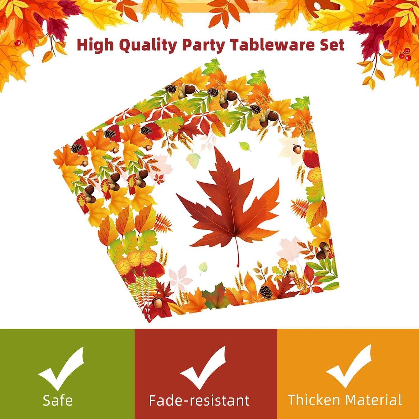 Fall Party Supplies - 96 Pcs Autumn Maple Leaf Disposable Tableware Set with Paper Plates, Napkins, Forks for Thanksgiving Harvest Party Decorations