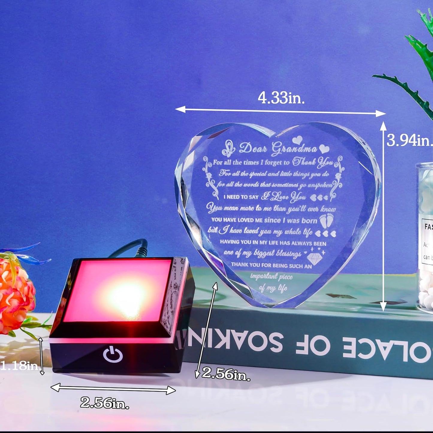 Grandma Birthday Gifts with Colorful LED Base Meaningful Crystal Heart Gifts for Grandma from Grandkids Great Gift Ideas for Grandmother on Mothers Day Valentine Thanksgiving
