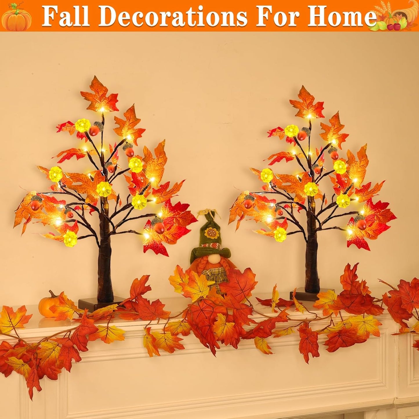 TURNMEON Fall Decor 2 Pack 18 Inch Prelit Fall Maple Tree Thanksgiving Fall Decorations for Home with 48 LEDs Timer Battery Operated Pumpkin Lights 6 Acorn Tabletop Halloween Decorations Indoor Autumn