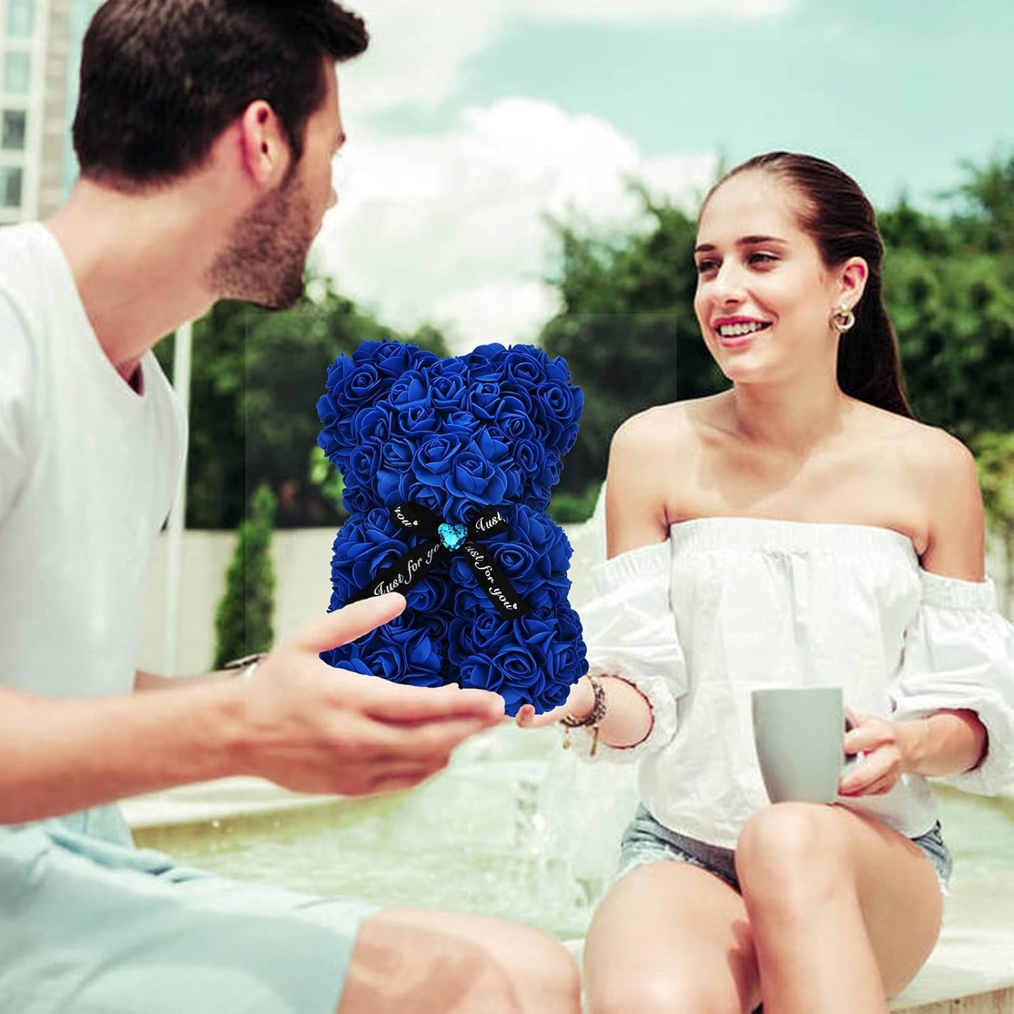Artificial Rose Flower Bear,Perfect Romantic Gift for Her, Valentine's Mother's Day, Christmas, Birthday,Thanksgiving Party Anniversary Girl Friend Wife with Heart-Shaped Diamond,Sapphire Bule