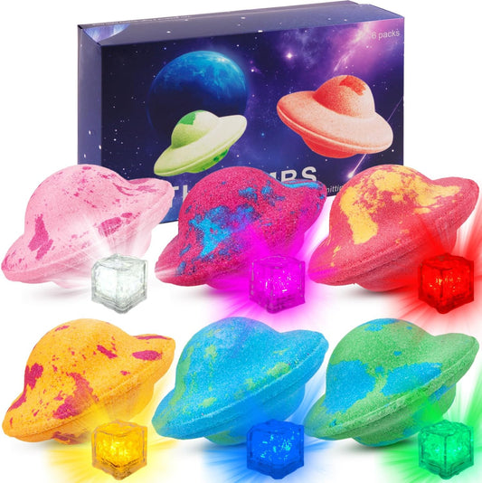 Light Up Bath Bombs with Surprise Light Cube Inside 6 Set 4 Ounce Big Size Romantic Saturn Natural Organic Saturn Bubble Bath Shower Bomb for Women Handmade Bubble Relaxing Spa Gift Bath Skin