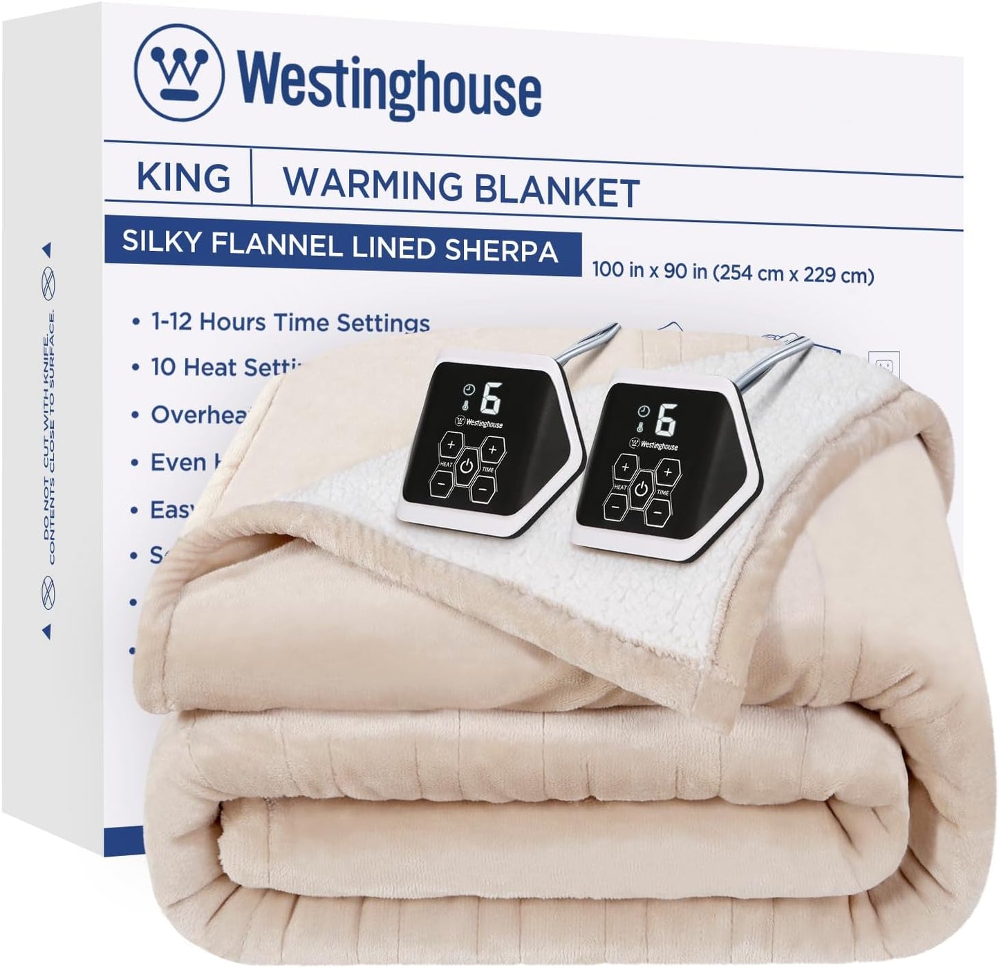 Westinghouse Heated Blanket King Size, Soft Flannel to Sherpa Electric Blanket with 10 Heating Levels, 1-12 Hours Auto Shut Off, Fast Heating, Machine Washable, 100x90 Inch, Beige