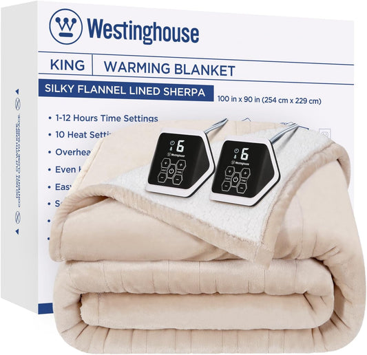 Westinghouse Heated Blanket King Size, Soft Flannel to Sherpa Electric Blanket with 10 Heating Levels, 1-12 Hours Auto Shut Off, Fast Heating, Machine Washable, 100x90 Inch, Beige