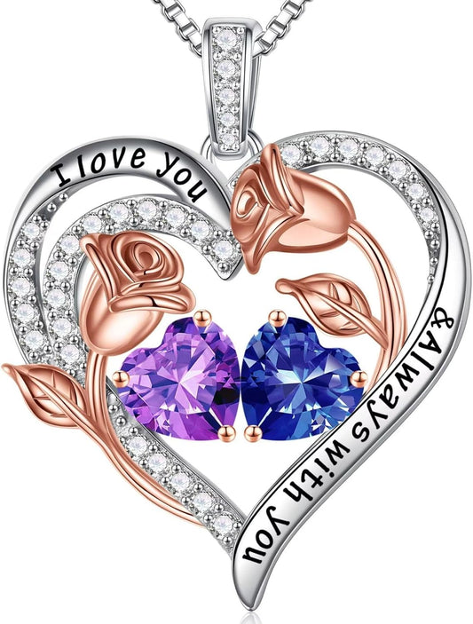 Iefil Birthstone Necklace for Women - 925 Sterling Silver Rose Heart Birthstone Necklace Birthday Anniversary Jewelry Gifts for Her Wife Mom Daughter