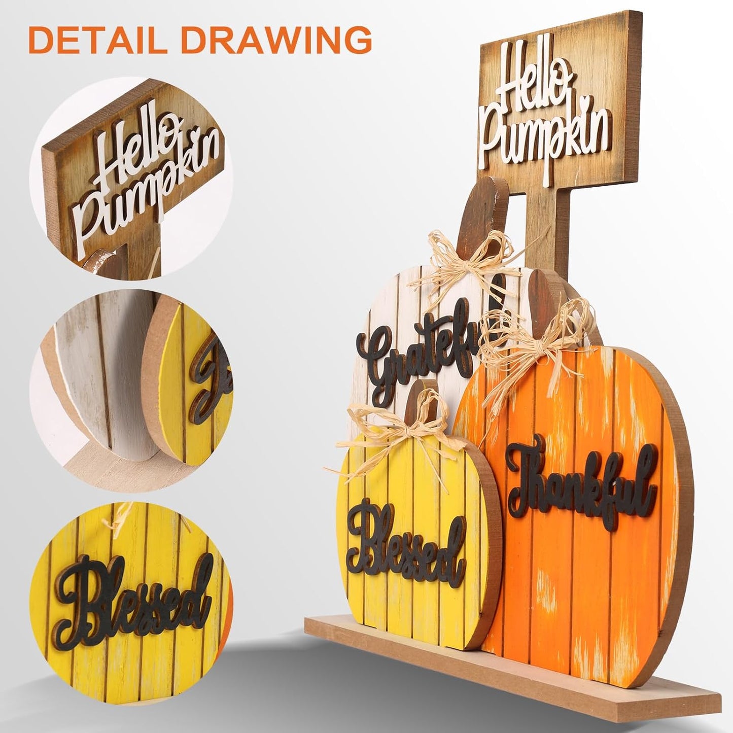 SY Super Bang Fall Decorations for Home, Rustic Wooden Blessed Grateful Thankful Hello Pumpkin Tabletop Sign Thanksgiving Decoration, for Autumn Harvest Farmhouse Party Decor.