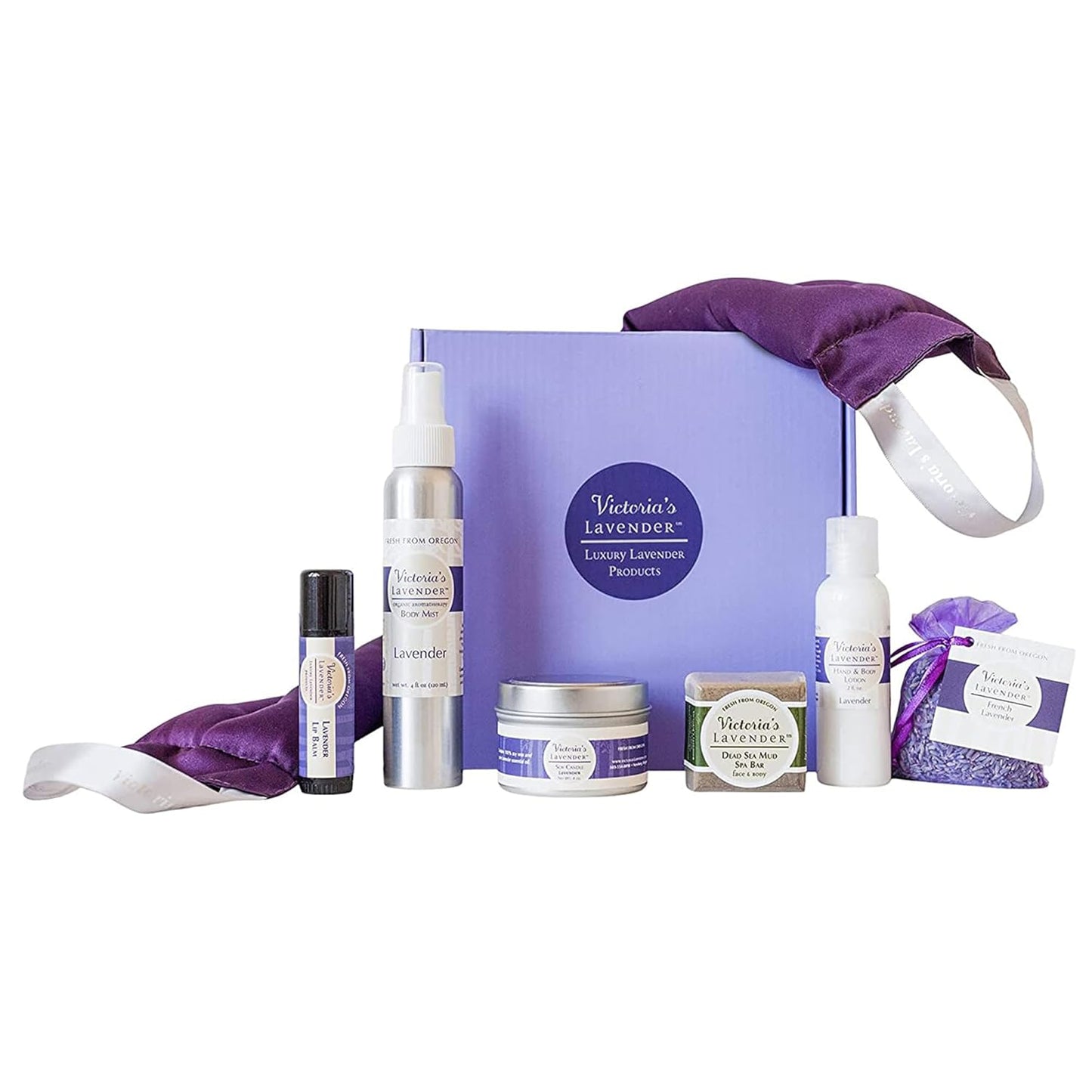 Victoria's Lavender Luxury Gift Basket for Women - Neck Wrap, Body Mist, Hand & Body Lotion, Lip Balm, Soy Candle, Mud Spa Bar & Lavender Sachet, Skin Care Sets, Made in USA Beauty Products For Women