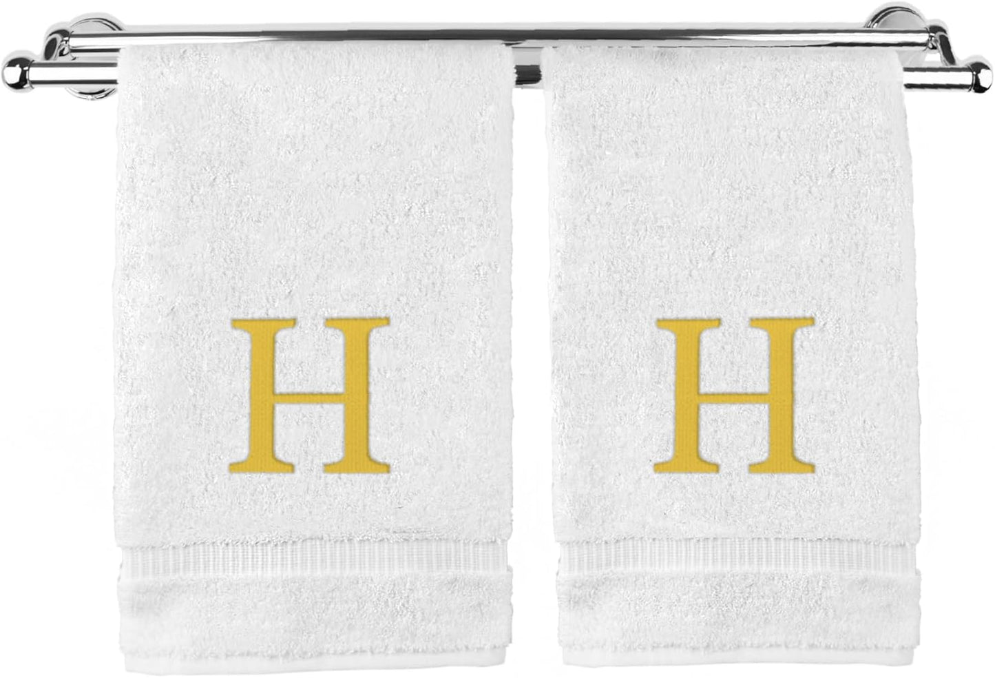 Monogrammed Hand Towel, Personalized Gift, Set of 2- Gold Block Letter Embroidered Towel - Extra Absorbent 100% Turkish Cotton - Soft Terry Finish - Initial H White