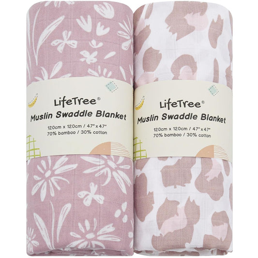 LifeTree Swaddle Blankets Baby Girl, 2-Pack Super Soft 70% Viscose Bamboo and 30% Cotton Muslin Swaddles Blankets (Large 47" x 47"), Mauve Floral & Blush Leopard Pattern, Newborn Baby Registry