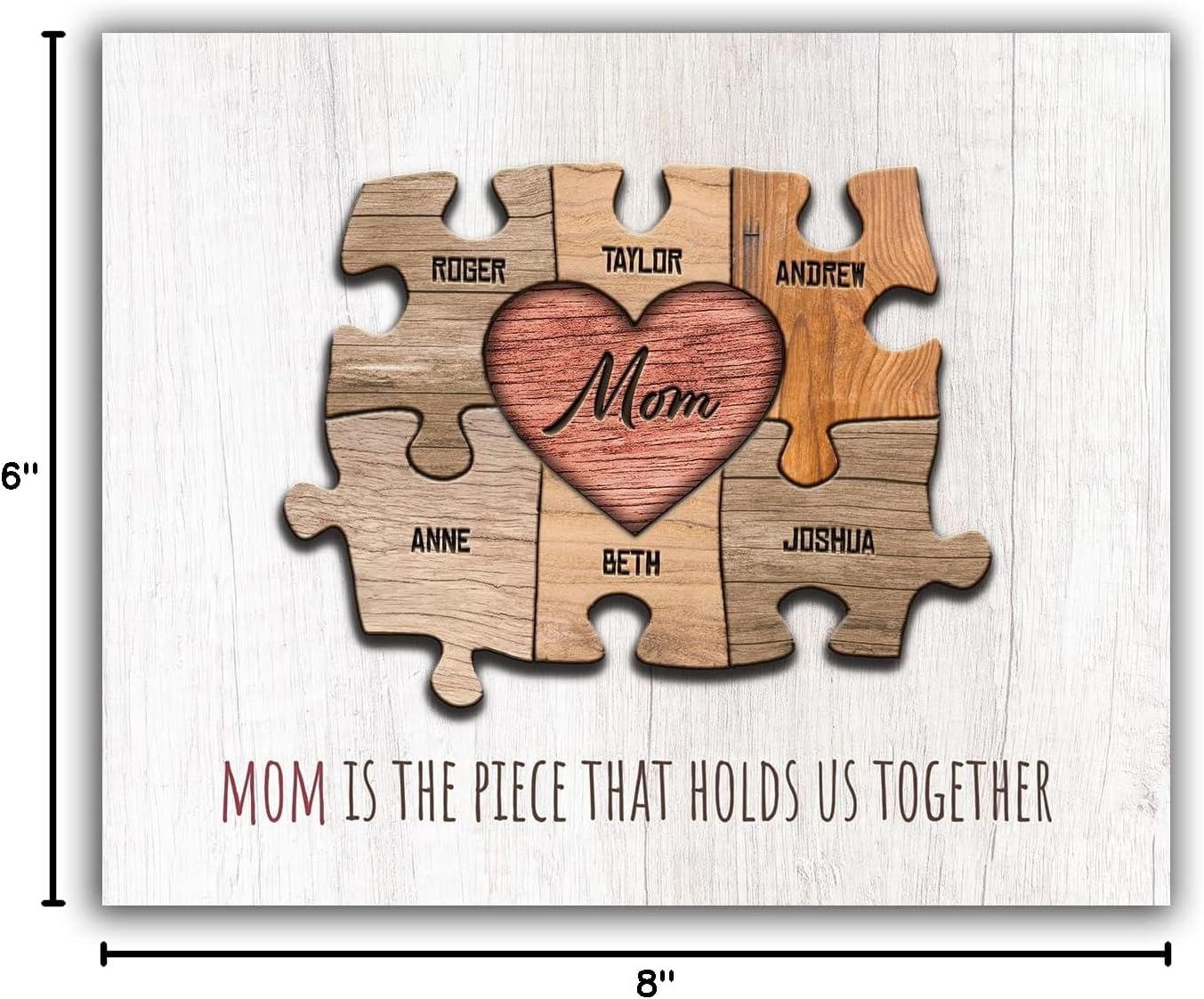 Personal-Prints MOM & Children Personalized HEART Puzzle Wall Art | Unique Customized with up to 8 Names | Mother’s Day, Birthday or Christmas Gift (16"x20" Stretched Canvas, 6 Children)