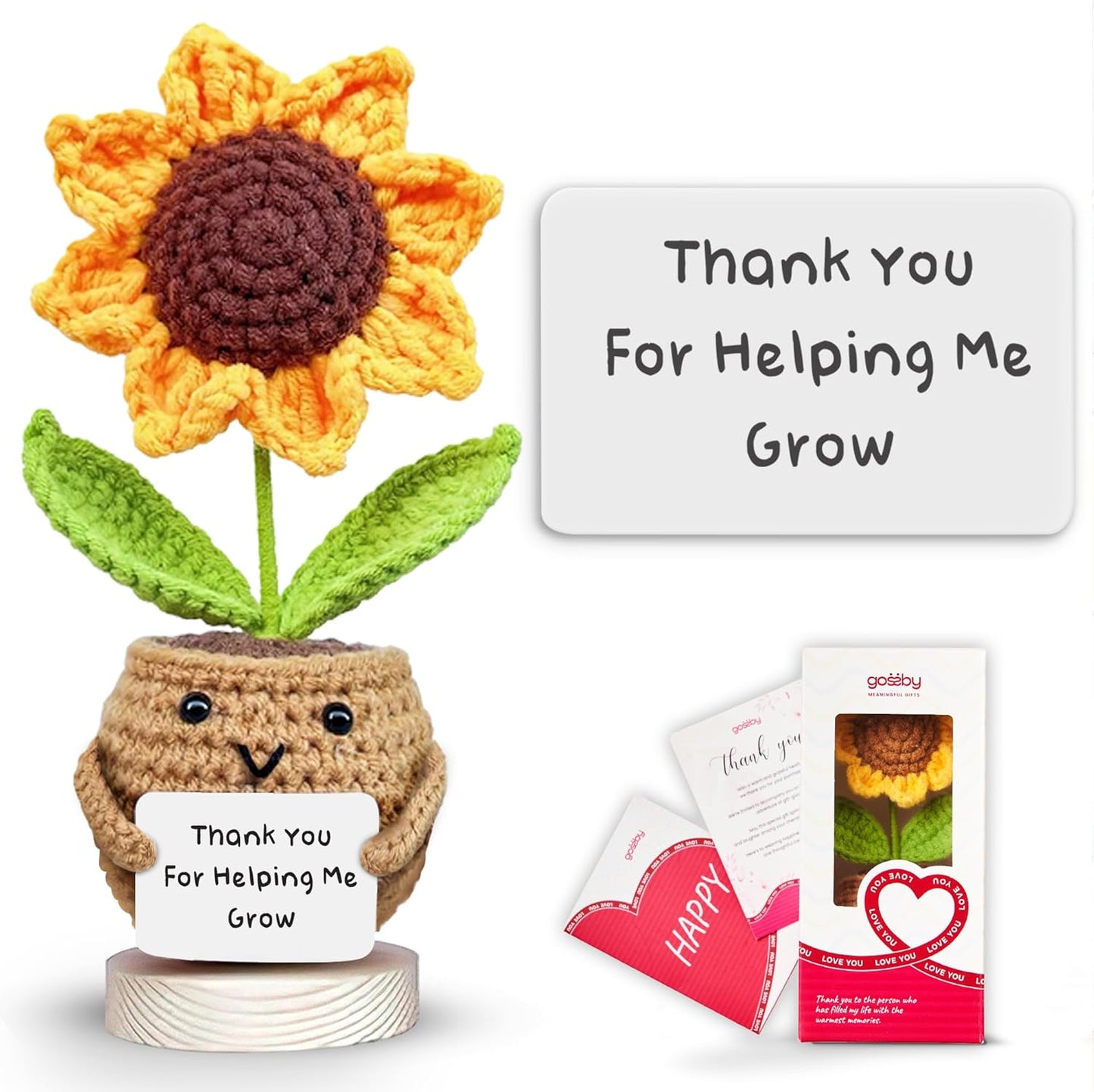 Gossby Handmade Positive Sunflower Doll Crochet with Card - Thank You for Helping Me Grow - Teacher Appreciation Gift from Student - Christmas, Birthday, Graduation, Thank You Gift for Teacher