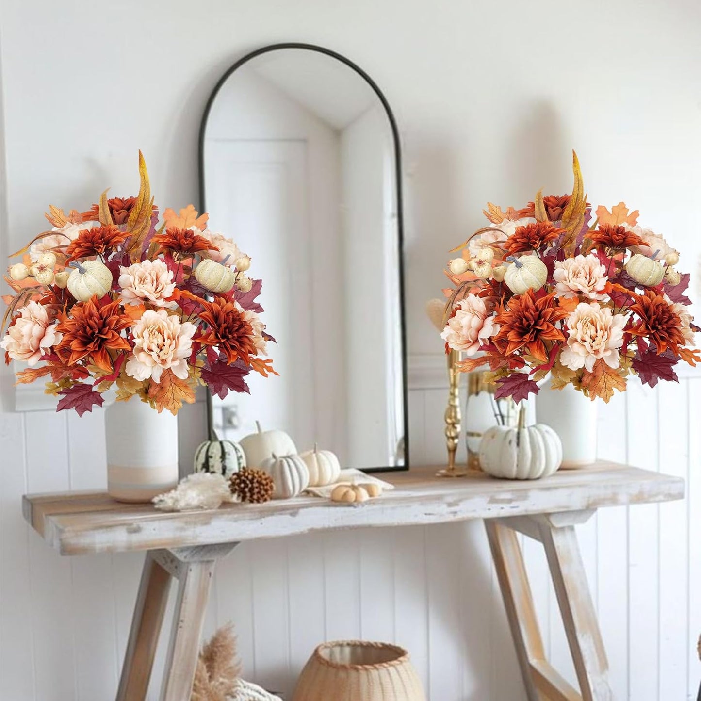 2 Bundles Fall Cemetery Flowers for Grave Fake Fall Flowers Mixed Bush Artificial Dahlia with Pumpkins Silk Floral Arrangement for Autumn Party Wedding Home Thanksgiving Decor (19.29")