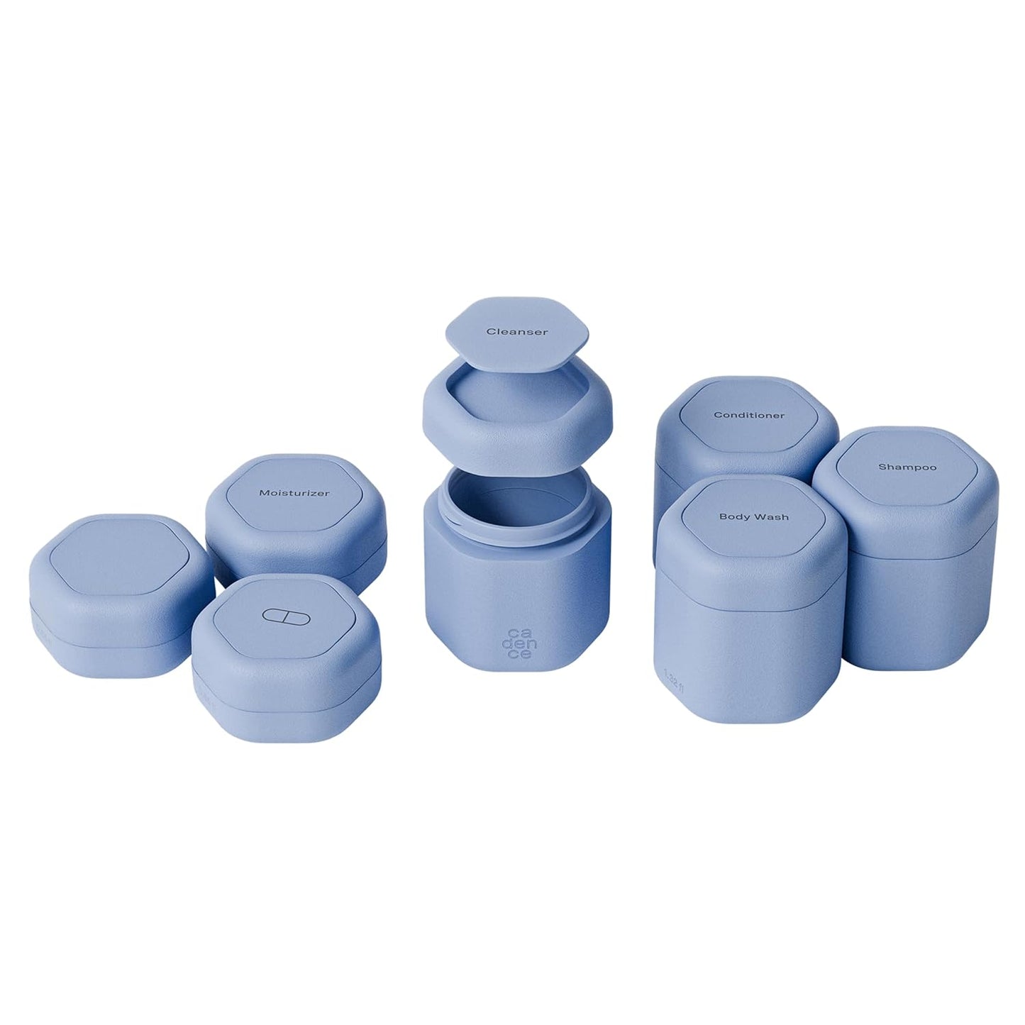 Cadence Travel Containers - Daily Routine Capsule Set - Magnetic Containers with Lids,4 Flex Mediums (1.32oz) & 3 Flex Smalls (0.56oz) - Shampoo, Conditioner, Body Wash, Pills, & More - Pacific