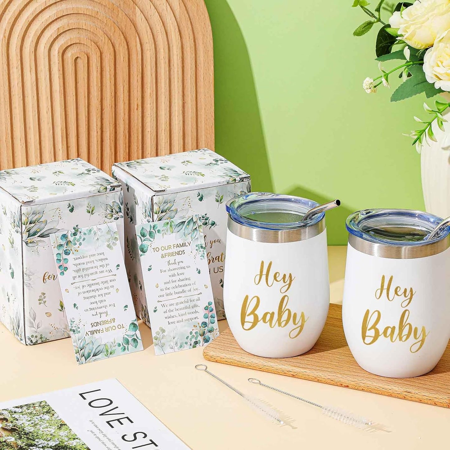 Hoolerry 6 Set Baby Shower Game Prizes for Guests Winners 12 oz Insulated Stainless Steel Tumbler Cup with Lids, Straws, Cleaning Brush, Cards & Boxes Return Gifts(White Green,Greenery)