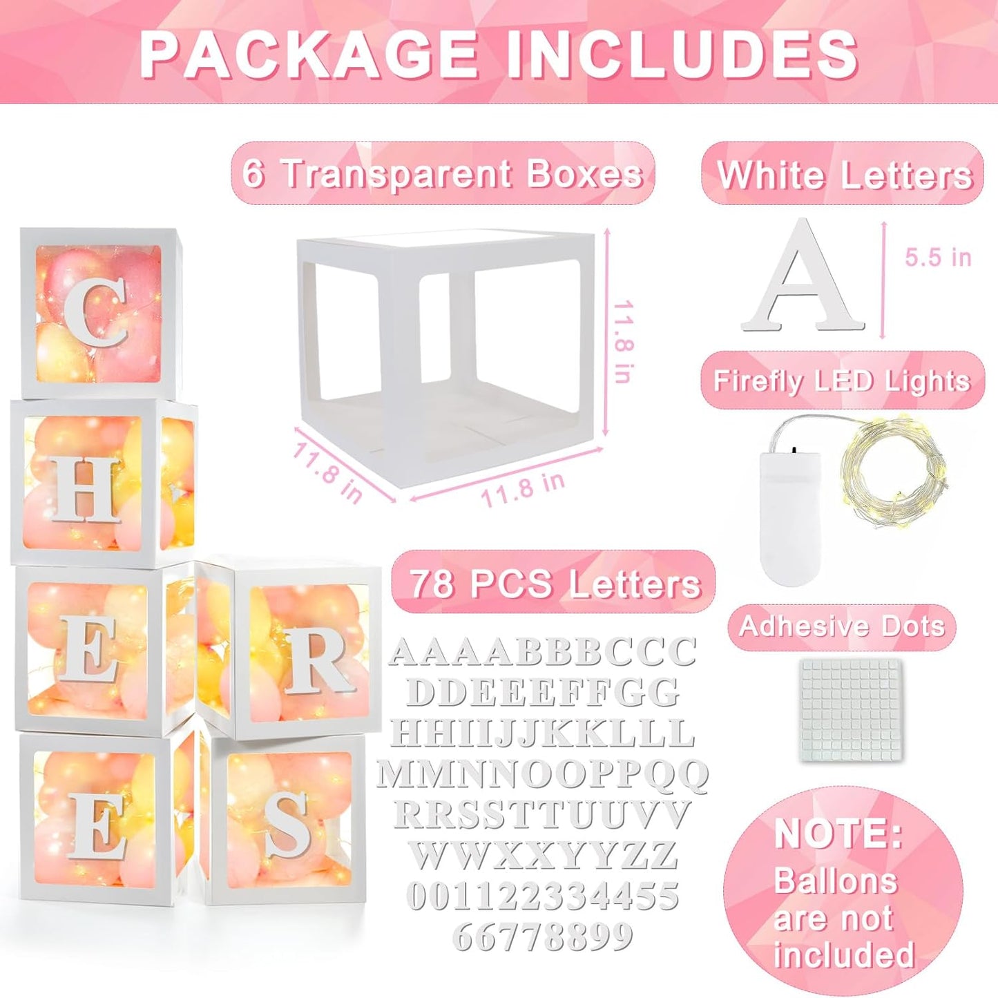 Ledido Transparent Balloon Boxes, Clear Balloon Boxes with 6 Pcs String Lights and 78 Letters for Baby Shower Gender Reveal Grad Birthday Party Anniversary Bridal Wedding Decor - 6 White Boxes