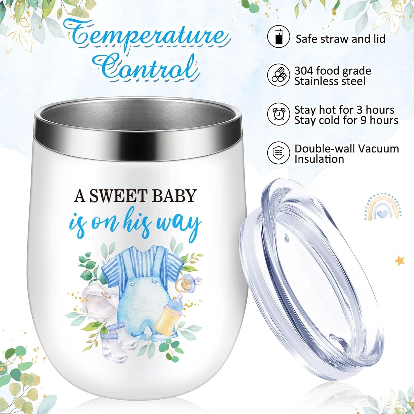 Hoolerry 6 Set Baby Shower Game Prizes for Guests Winners 12 oz Insulated Stainless Steel Tumbler Cup with Lids, Straws, Cleaning Brush, Cards & Boxes Return Gifts(Blue-green,Boy, Greenery)