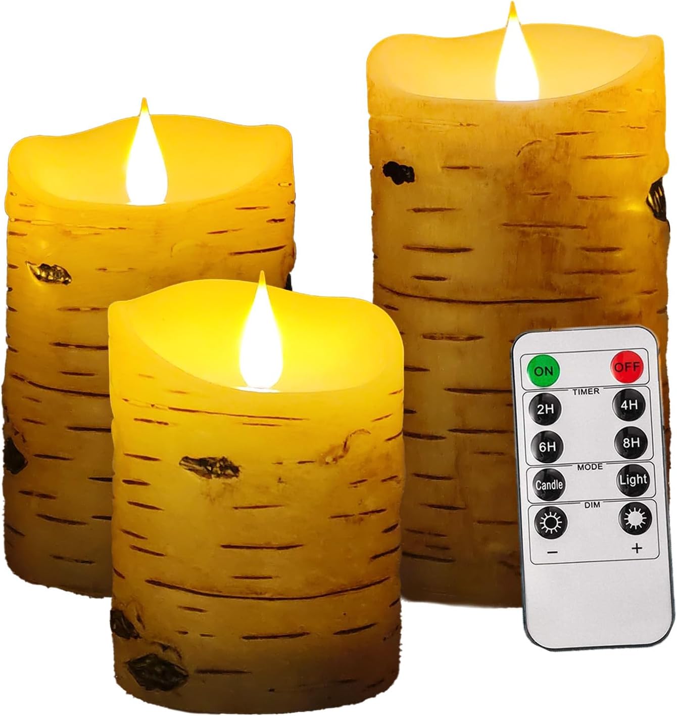 NICEME LED Birch Bark Flameless Candles Set of 3 Real Wax Battery Operated Candles Flickering Moving Wick Electric Decorative Pillar Birch Candles with Remote Timer