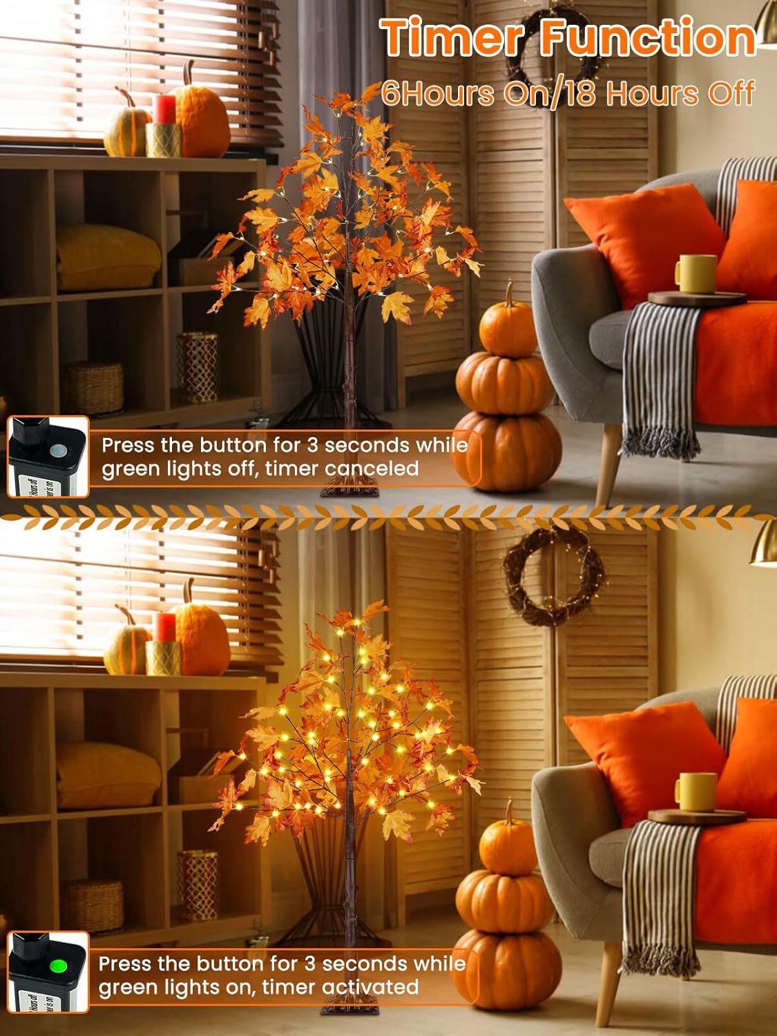 2Pack 4FT 100LED Artificial Lighted Maple Tree, Fall Decor for Home, Maple Tree with Timer Function Prelit Fall Decorations Warm White Light for Indoor Outdoor Autumn Harvest Halloween Thanksgiving