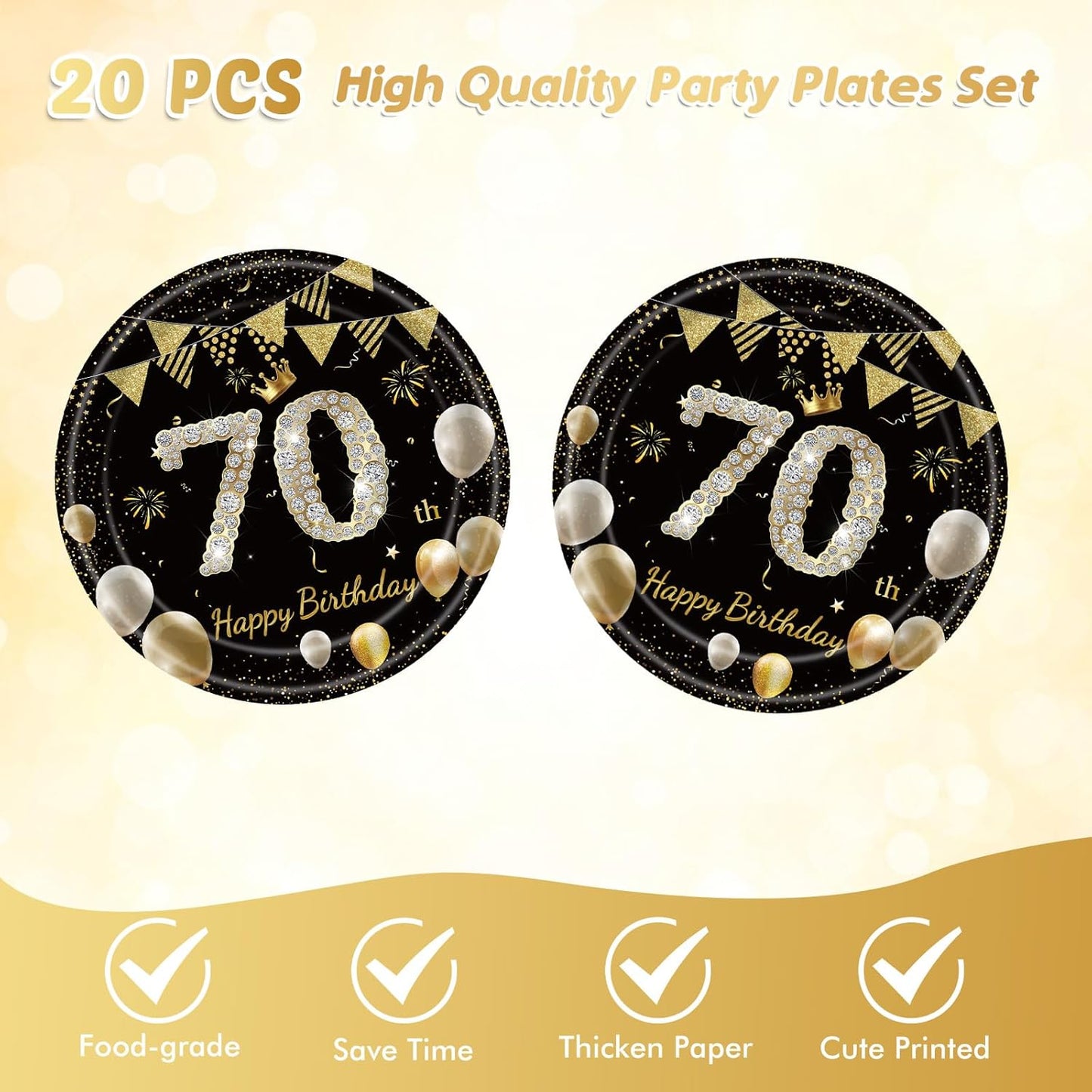 41Pcs 70th Birthday Decorations for Men Women, Black Gold 70 Year Old Birthday Party Supplies Include 20 Plates 20 Napkins and 1 Tablecloth, Black Gold 70 Aged Birth Party Tableware