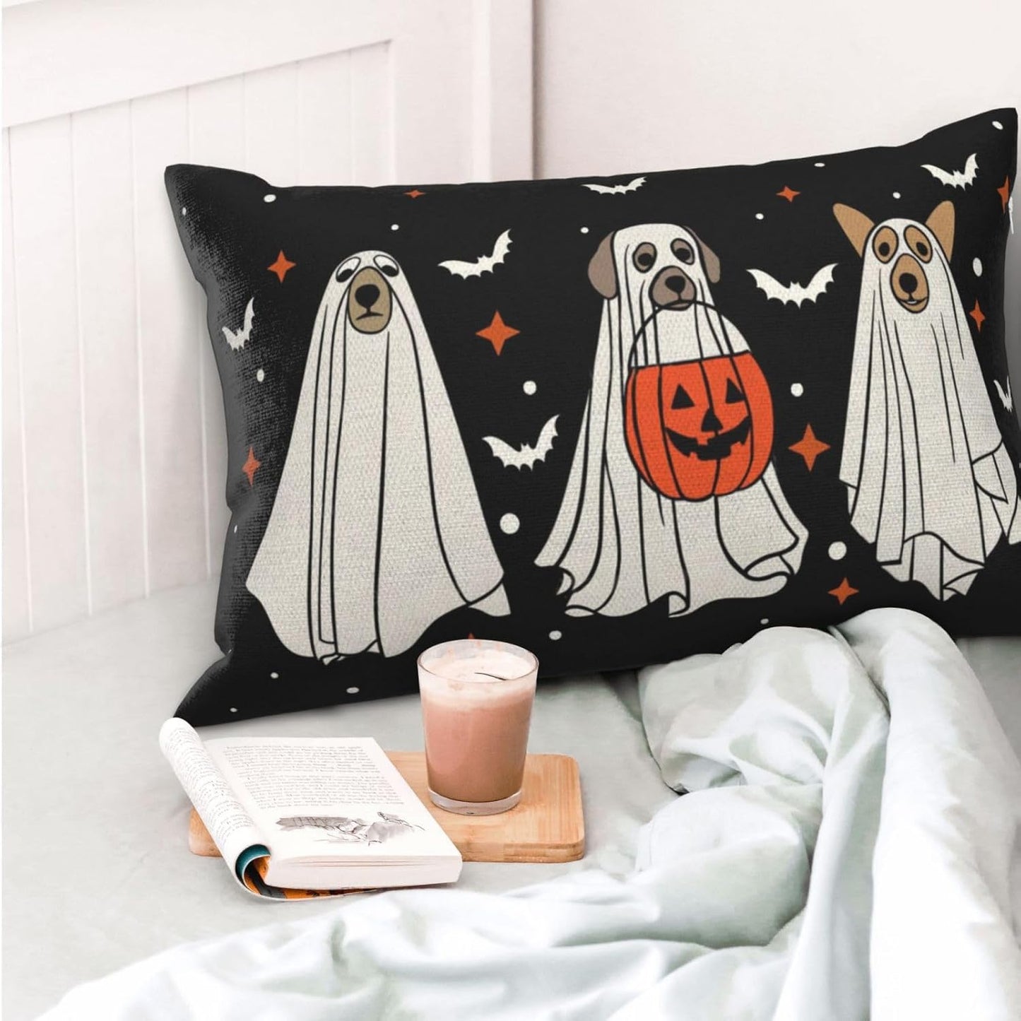 Halloween Pillow Covers 12x20 Pack of 2 Black Beige Dogs Bat Throw Pillow Covers Outdoor Decor,Autumn Holiday Decoration Black Pillowcase Farmhouse Linen Decorative Cushion Case for Couch Sofa