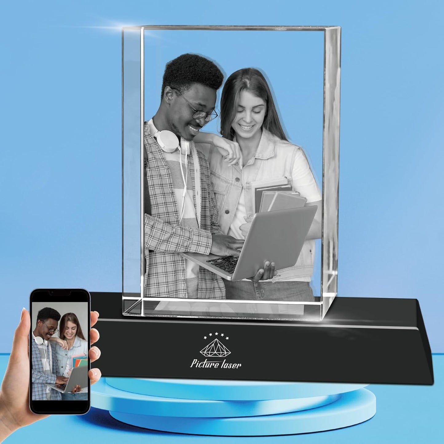 3D Crystal Photo with Light Base, Customized Glass Picture Cube with Your Own Photo for Mom Dad Men Women, Personalized Memorable Gifts for Birthday Anniversary Christmas, X-Large Portrait