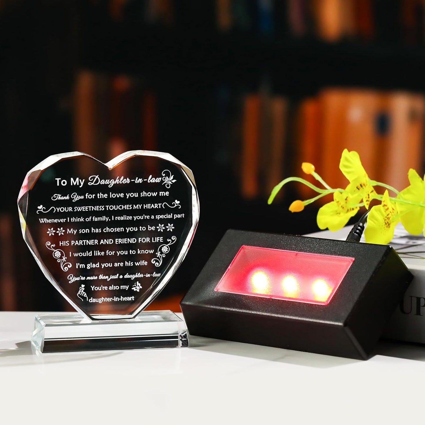 YWHL Daughter in Law Gifts from Mother in Law, Wedding Christmas Mothers Day Birthday Gifts for Daughter in Law Crystal Keepsake with Light Base