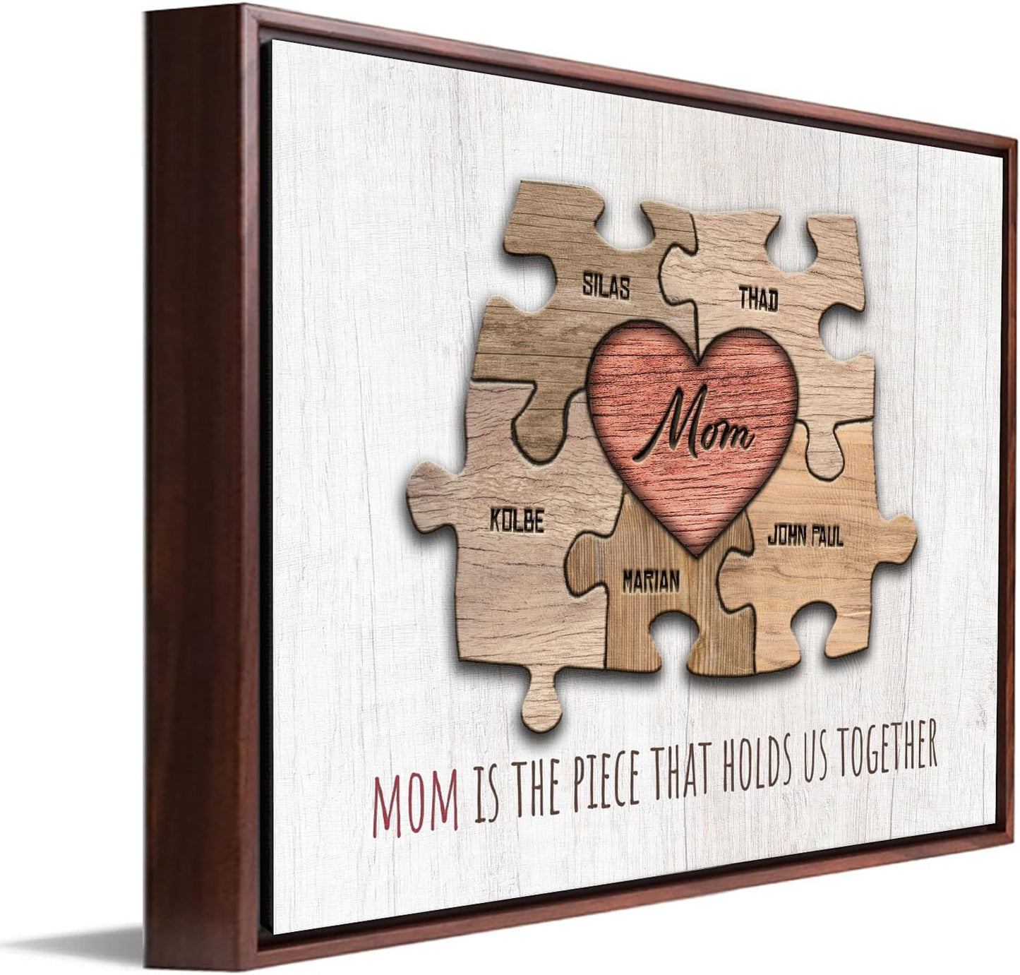Personal-Prints MOM & Children Personalized HEART Puzzle Wall Art | Unique Customized with up to 8 Names | Mother’s Day, Birthday or Christmas Gift (12"x16" Float Framed Canvas, 5 Children)