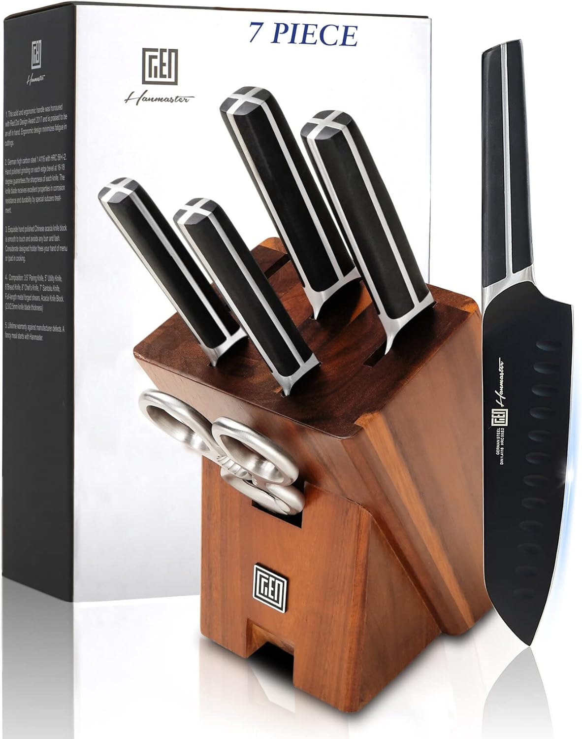 Kitchen Knife Set, 7 Pieces German Stainless Steel Knives Set for Kitchen with Acacia Wood Block, Kitchen Scissors, Box Packed, Elegant Black