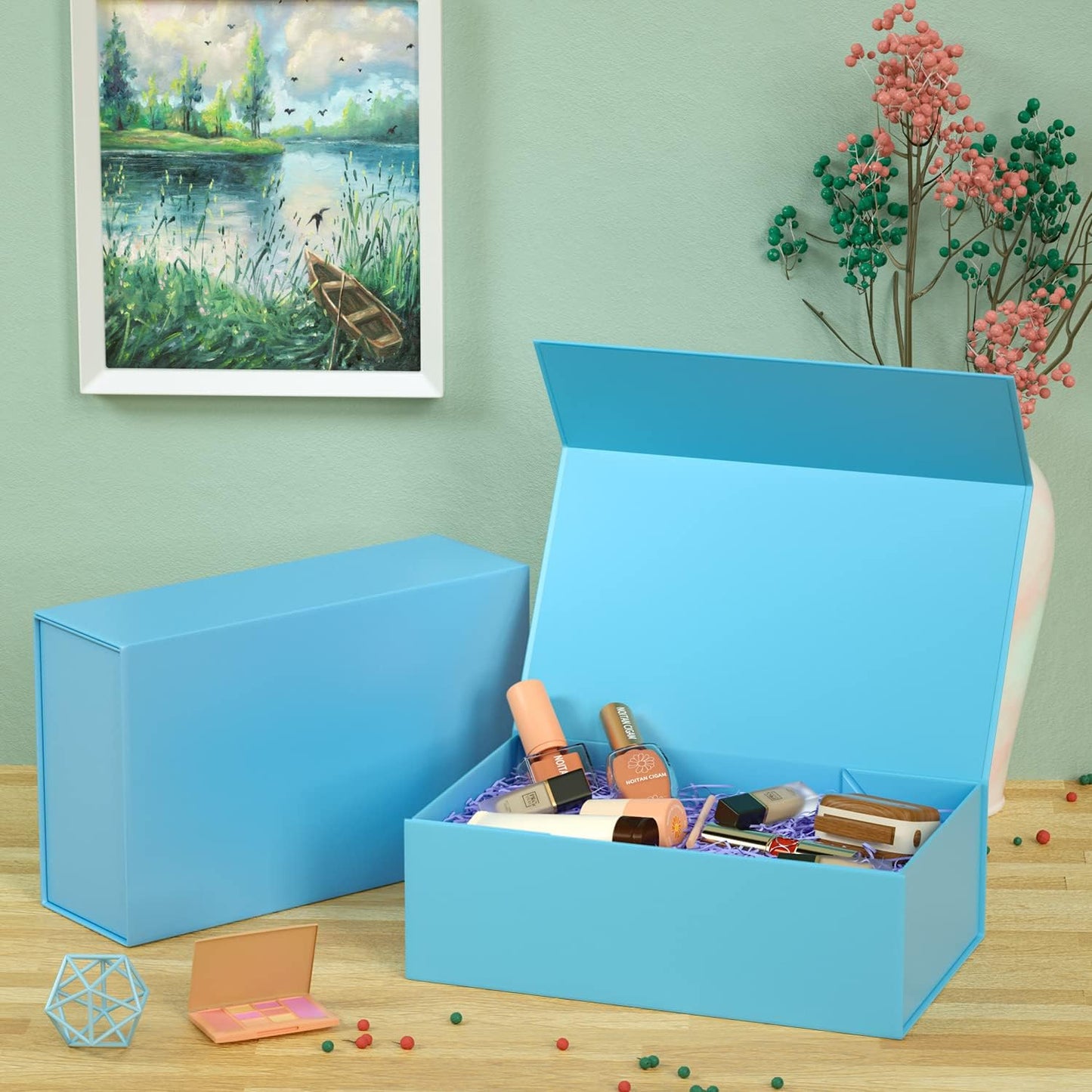 Blue Gift Box, 9.5x6x3'' Gift box for Presents with Lids Magnetic Closure Rectangle Collapsible for Bridesmaid Proposal Box, Wedding, Christmas, Halloween, Birthday Gift Packging