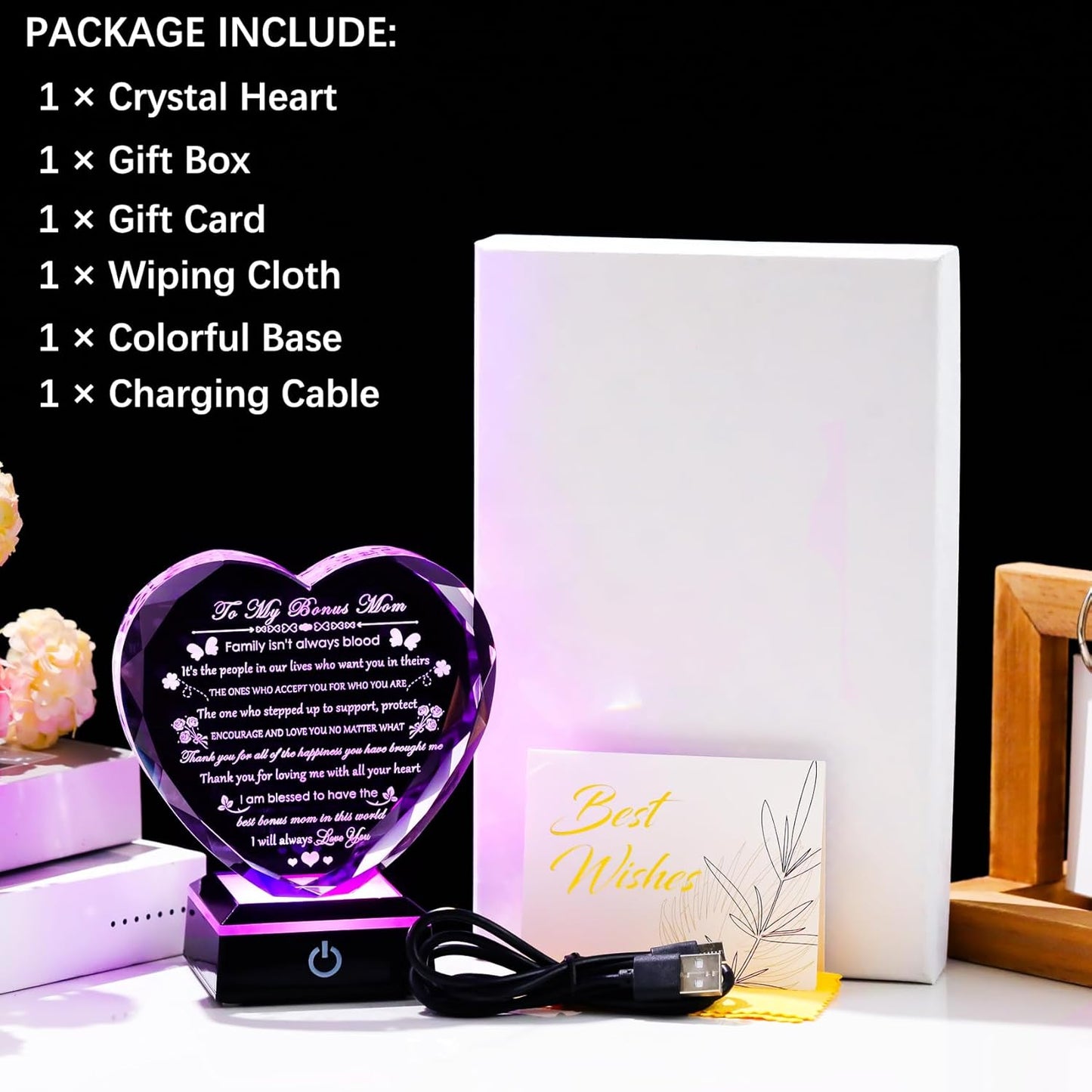 Bonus Mom Gifts with Colorful LED Base Crystal Heart Mothers Day Birthday Gifts for Stepmother Bonus Mom from Bonus Daughter Son Gift for Stepmom Mother in Law on Christmas Valentines