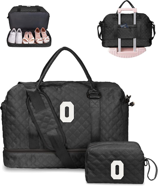 Customized Gifts for Women, Gifts for Mom-Duffle Bag with Shoe Compartment, Personalized Weekender Bag, Monogram Overnight Bags, Travel Bag with Makeup Bag, Birthday Gift for Her (Letter O)