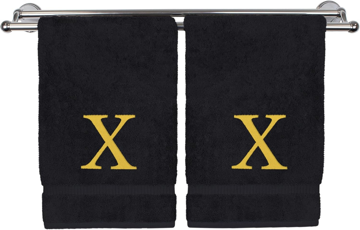 Monogrammed Hand Towel, Personalized Gift, Set of 2- Gold Block Letter Embroidered Towel - Extra Absorbent 100% Turkish Cotton - Soft Terry Finish - Initial X Black