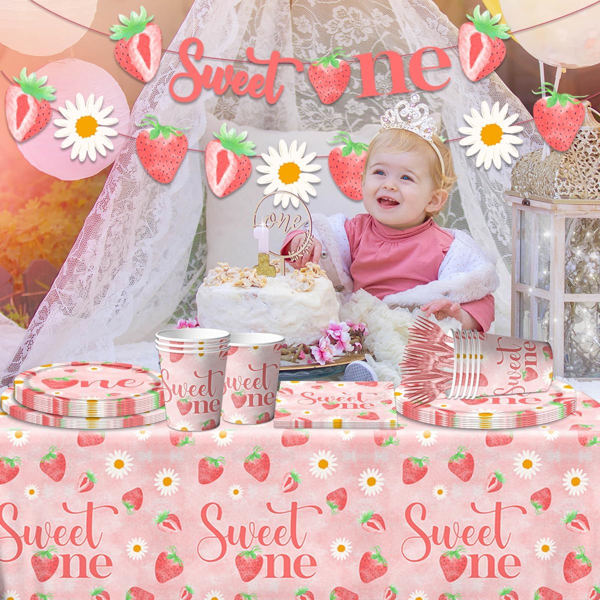 Strawberry 1st Birthday Party Decorations for Girls - Sweet One 1st Birthday Tableware Including Plates,Napkins,Tablecloths Summer Fruit Table Decorations for Berry First Party Supplies