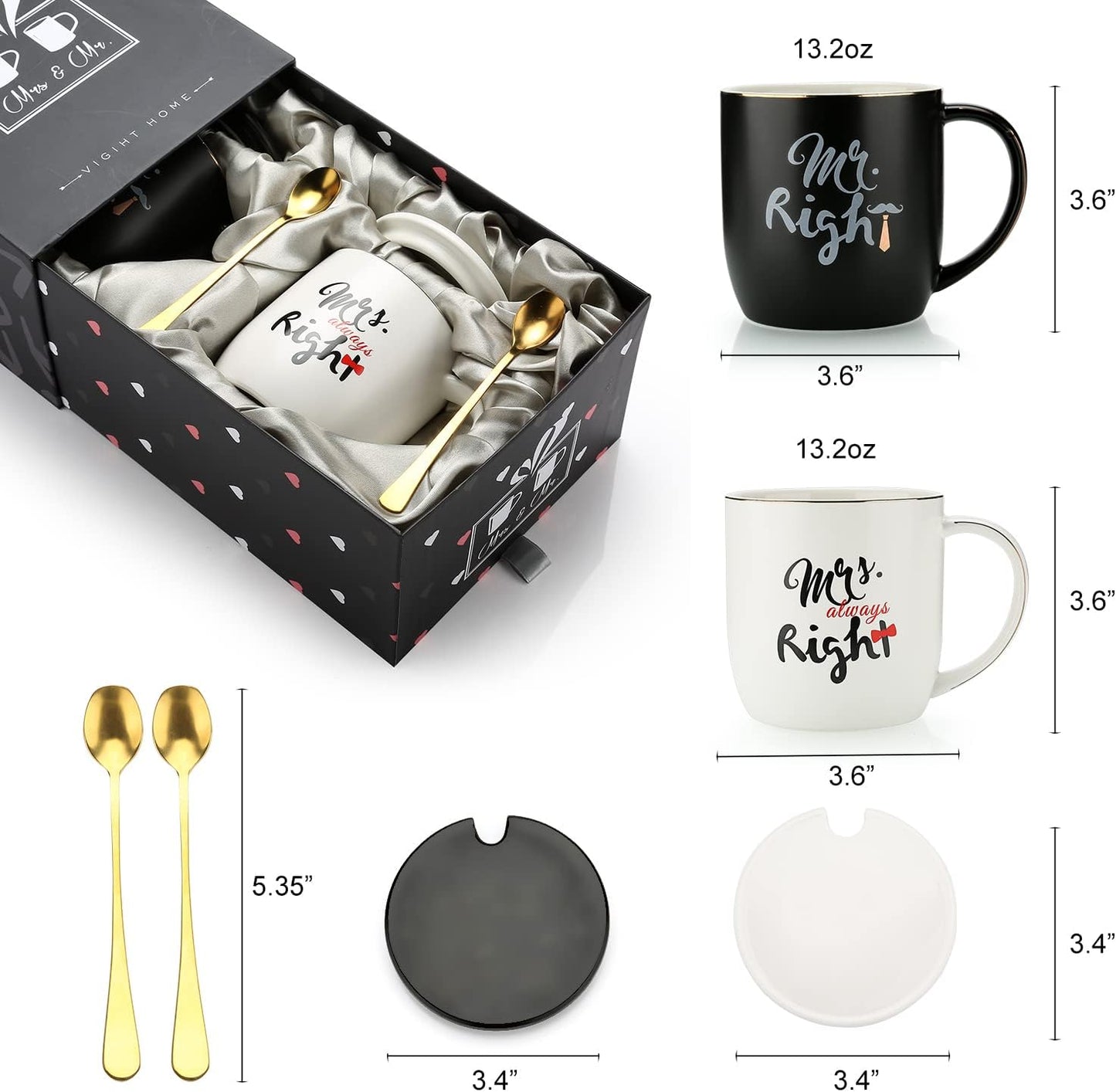 Mr Right Mrs Always Right Couple Coffee Mugs Cups - Bridal Shower Wedding Anniversary Valentine's Day Gift - Bride and Groom Newlyweds Married Couples Ceramic Marble Mugs Set - Black and White