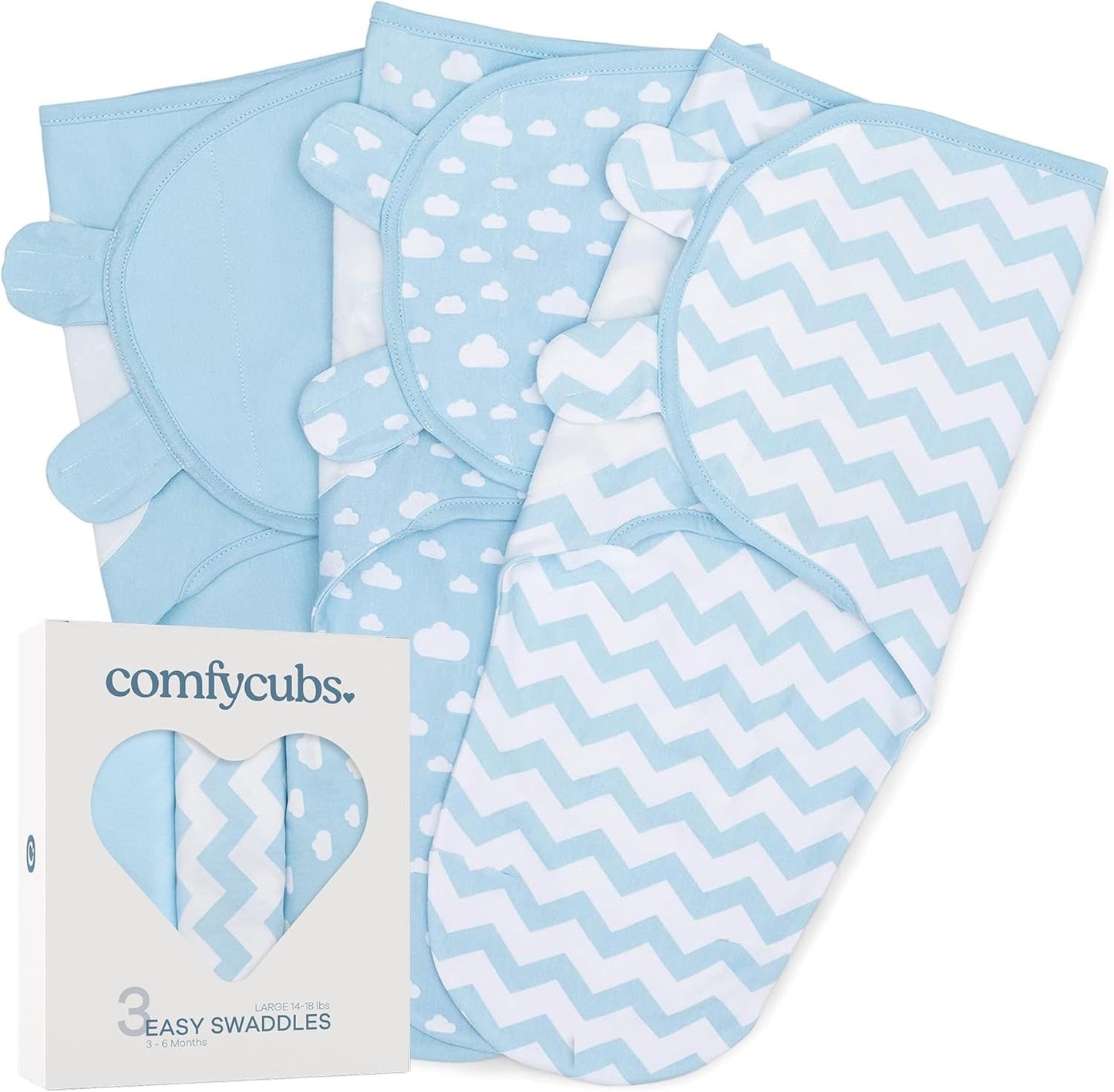 Comfy Cubs Easy Swaddle Blanket, 3 Pack - 100% Cotton Newborn Wrap, Large for 3-6 Months Infants, with Adjustable Velcro, Breathable and Durable Sleep Sack for Babies - Blue