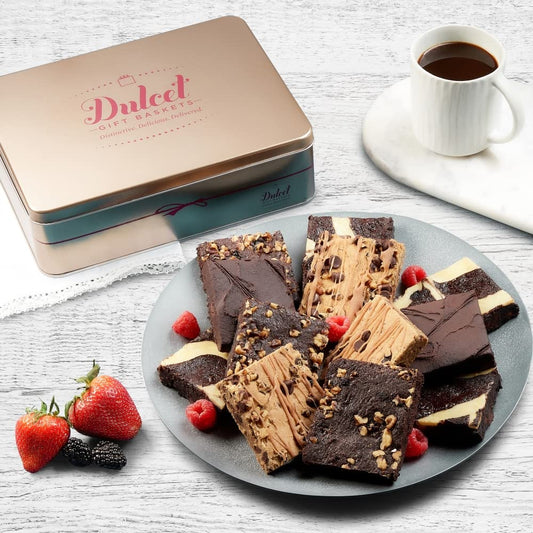 Dulcet Gift Baskets Gourmet Chocolate Brownie Tin Brownie Assortment Delicious Cheesecake, Rocky Fudge, Chocolate Ganache, Brownies Fresh Healthy Ingredients Happy Holidays Gift