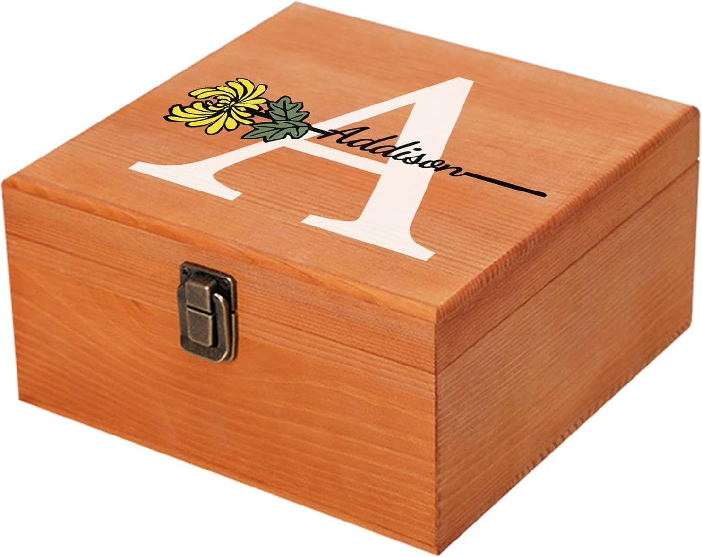 Personalized Wooden Keepsake Memory Box with Birth Flower & Name, Custom Wood Decorative Storage Box with Lids Customized Christmas Gift Box for Women Teen Girls Mom Birthday Gifts