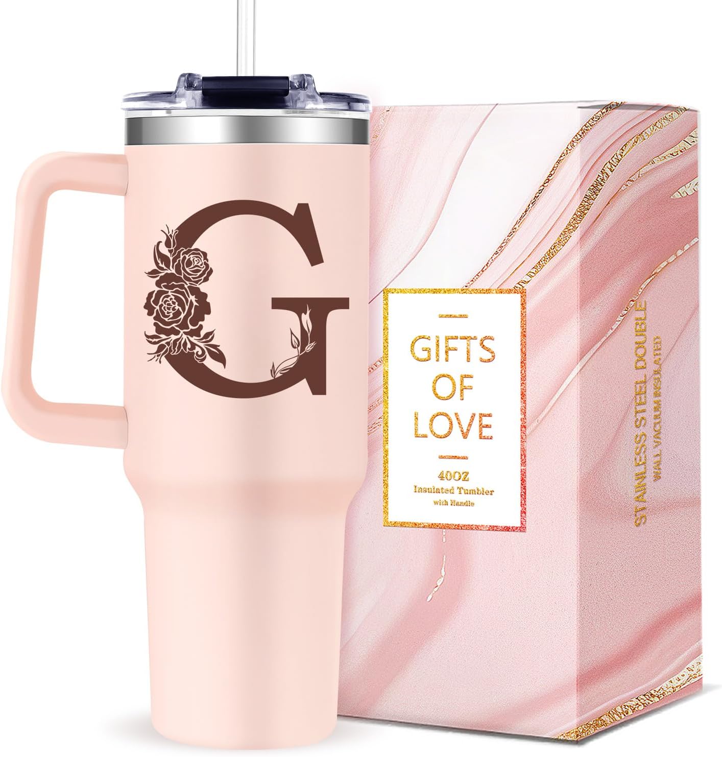 Monogrammed 40oz Tumbler with Handle for Women, Personalized Birthday Gifts for Women,Initial Cups for Woman Pink Letter G,Customized Gifts for Female Lady Gift for Mothers Day Christmas
